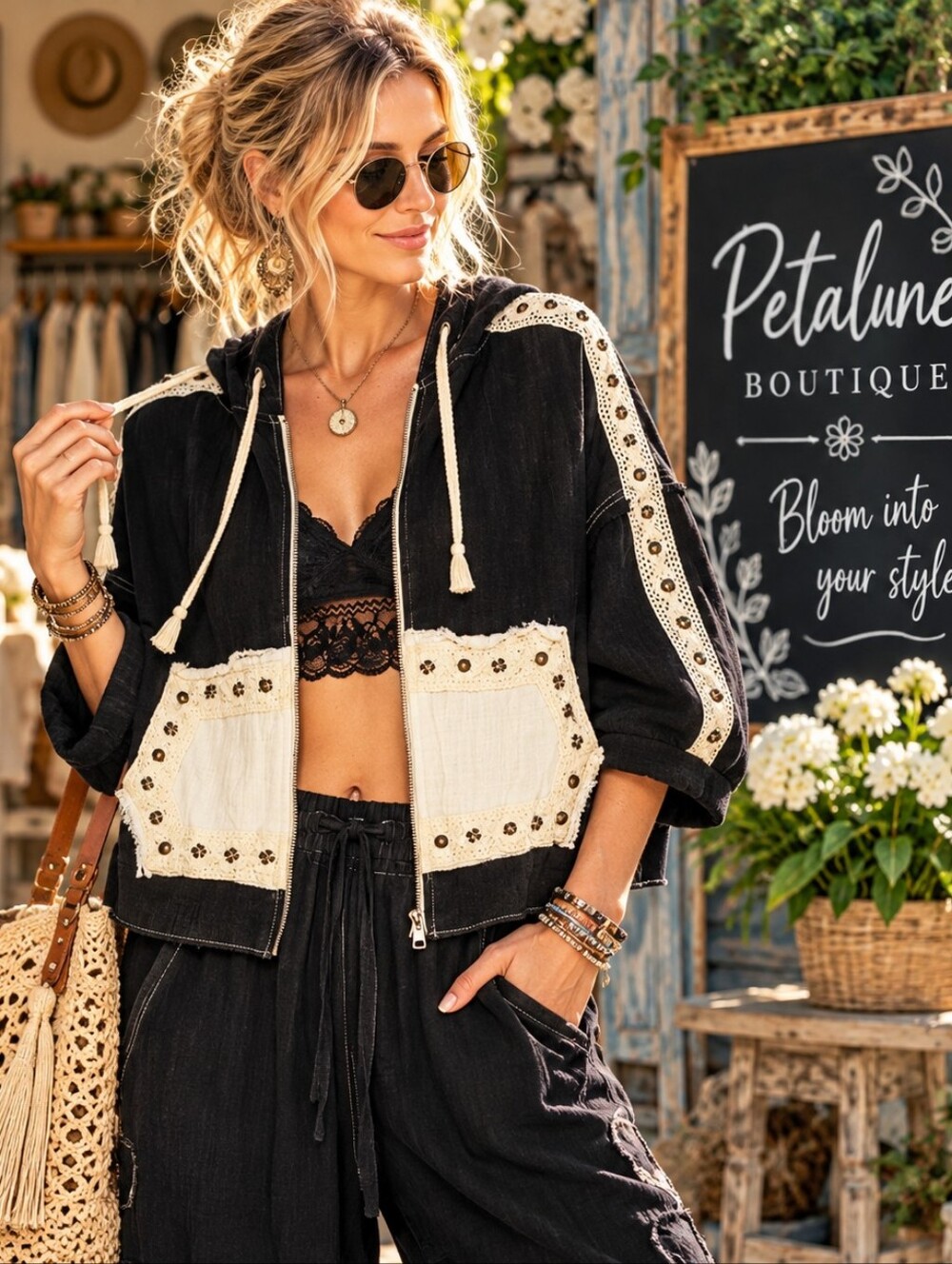 010 Boho Black & Ivory Embellished Hooded Zip Jacket 100% Cotton